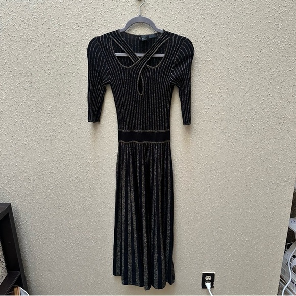 PINKO Bitter Two-tone Midi Dress in Stretch Jersey Black Gold Sparkle Metallic M - Picture 5 of 11